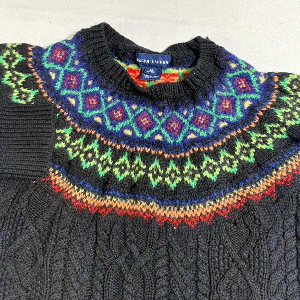 Ralph Lauren Fair Isle Cable Knit Sweater Girls M 8-10 Black Wool Blend Nordic